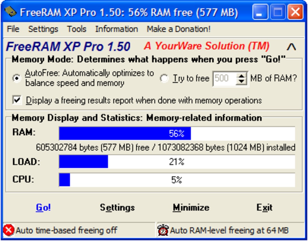 FreeRAM XP Pro 1.52 for Windows Screenshot 1