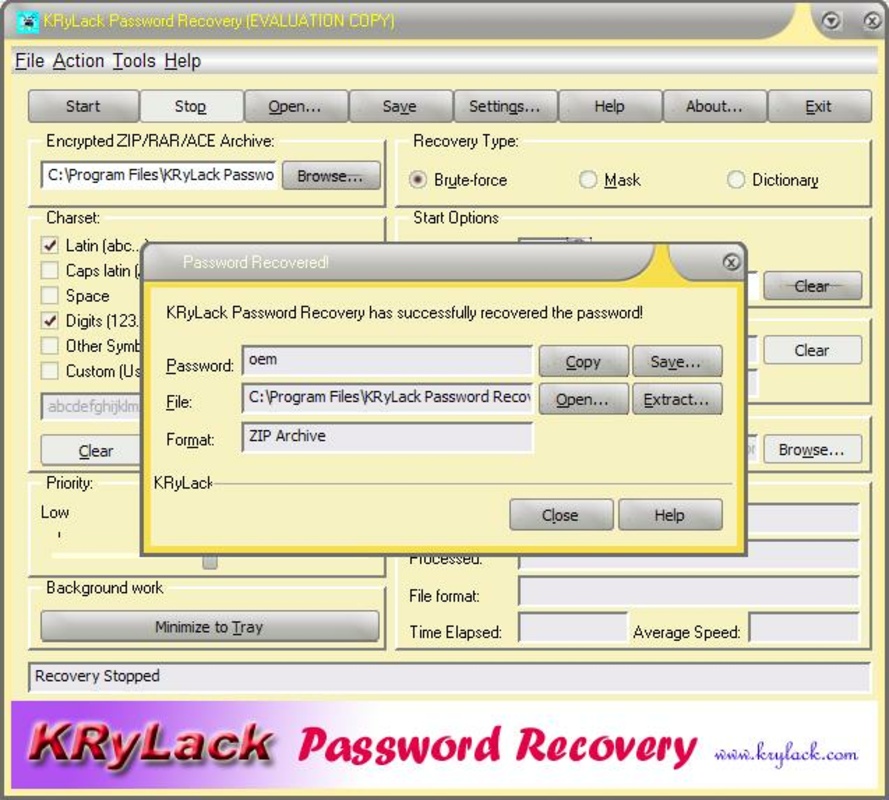 KRyLack Password Recovery 2.72 feature