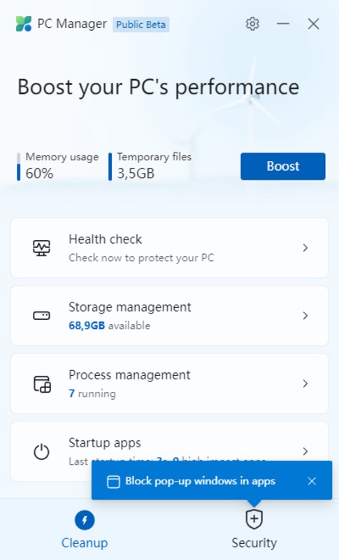 Microsoft PC Manager 1.1.1.0 Beta for Windows Screenshot 1