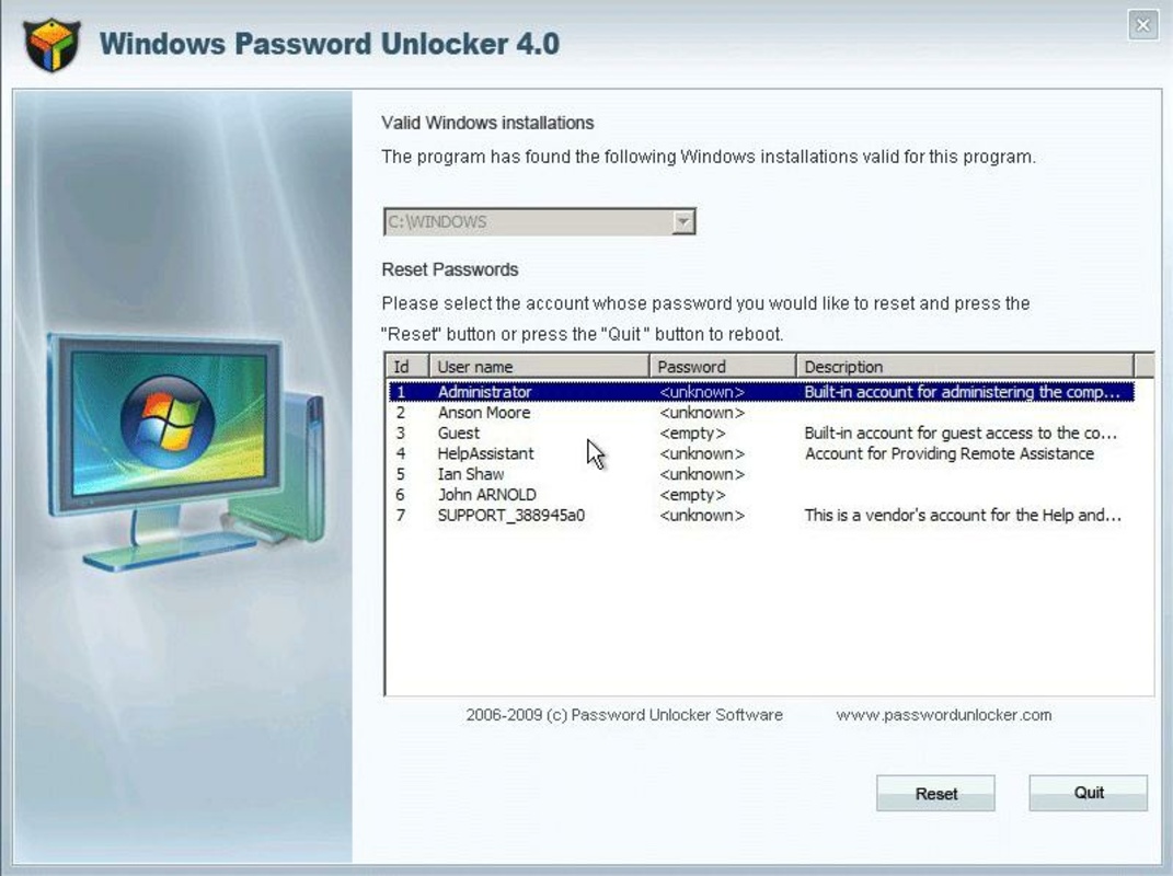 Windows Password Unlocker 7.0.0.0 for Windows Screenshot 1